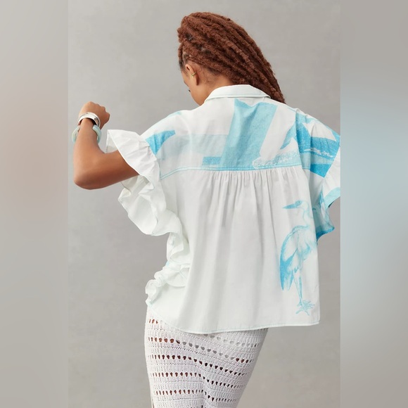 Anne Guest Pilcro Anthropologie Cyanotype Ruffle-Sleeve Buttondown Blouse size S - Picture 2 of 7